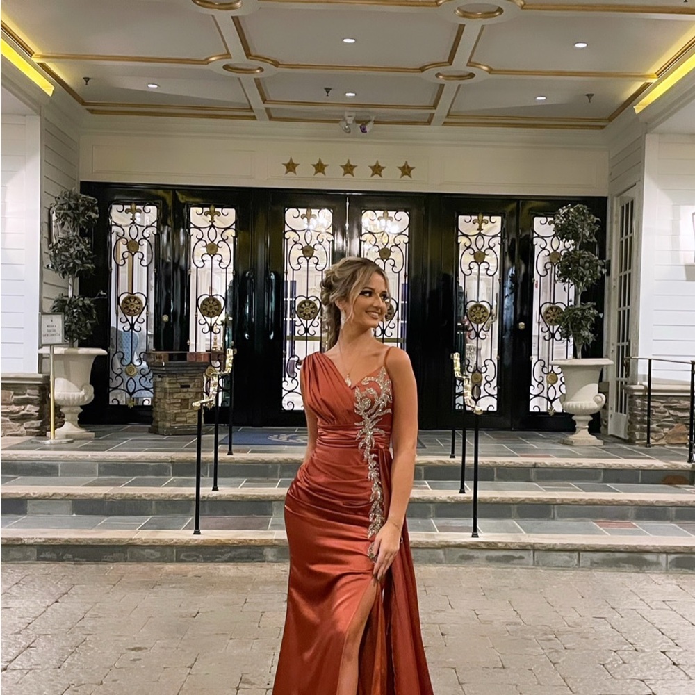 Elegant Burnt Orange Evening Gown with Embellishments